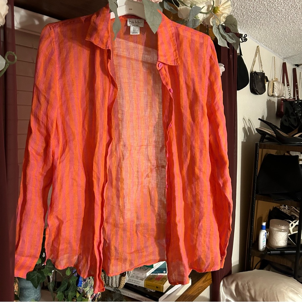 nicole miller orange and pink striped linen button up blouse